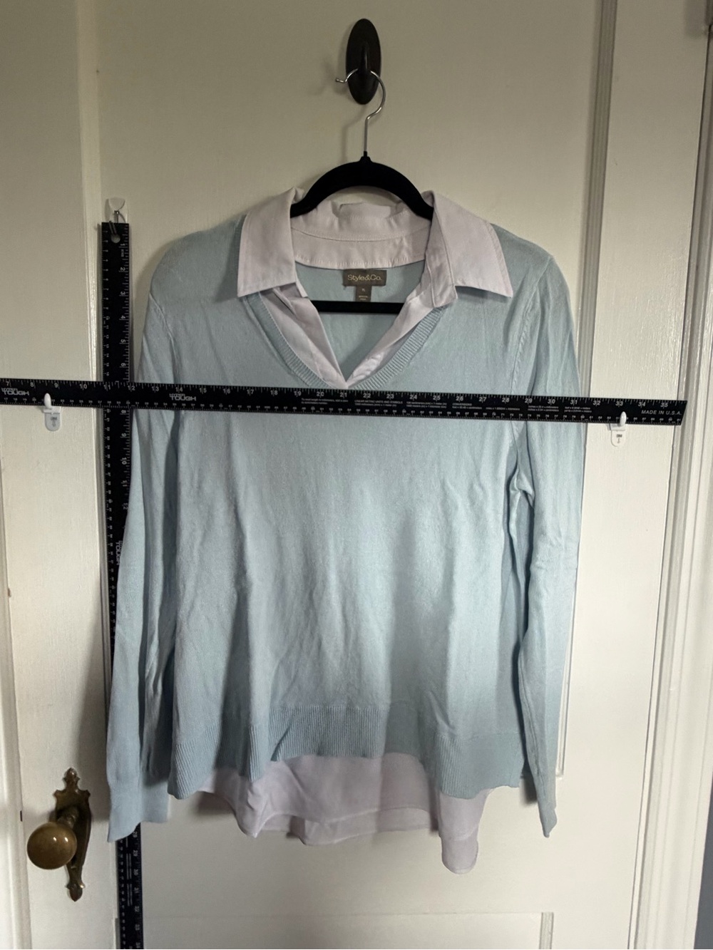Style & Co. Pale Blue V‑Neck Layered Sweater with White Faux Shirt